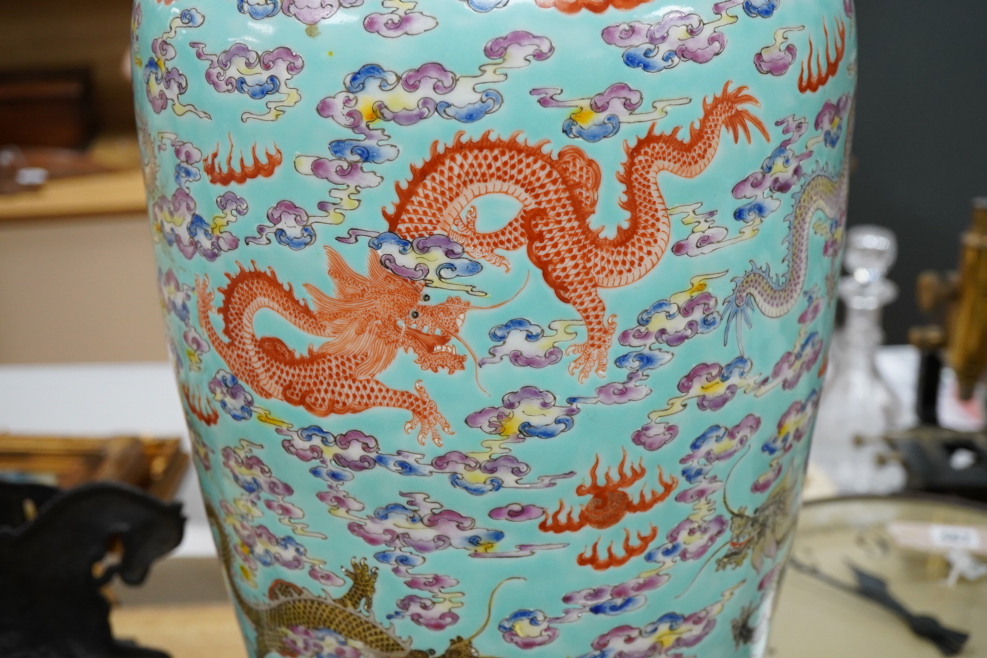 A large Chinese turquoise ground 'dragon' vase, 60cm high